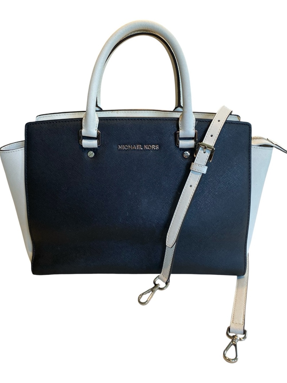 Michael Kors Two-Tone Black/White Selma Leather Satchel. Size 10”x13”